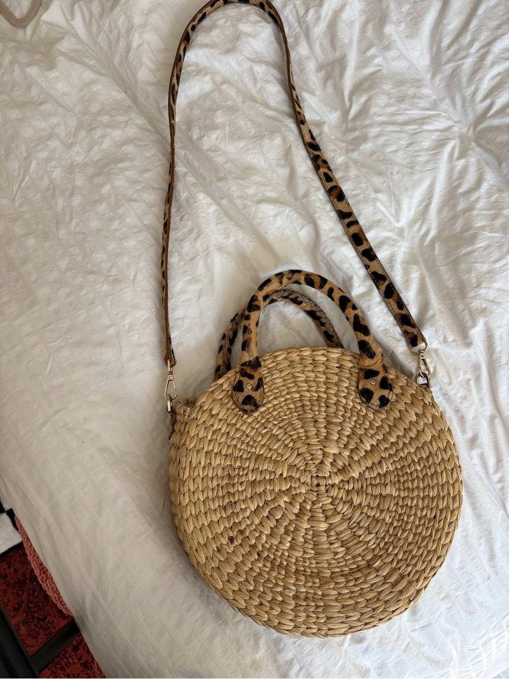 Poolside Woven Round Straw Crossbody Bag with Leopard Trim - Natural
